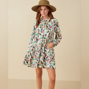 Abstract Floral Tiered Ruffle Neck Satin Dress Playful Colorful Sassy Flowy
